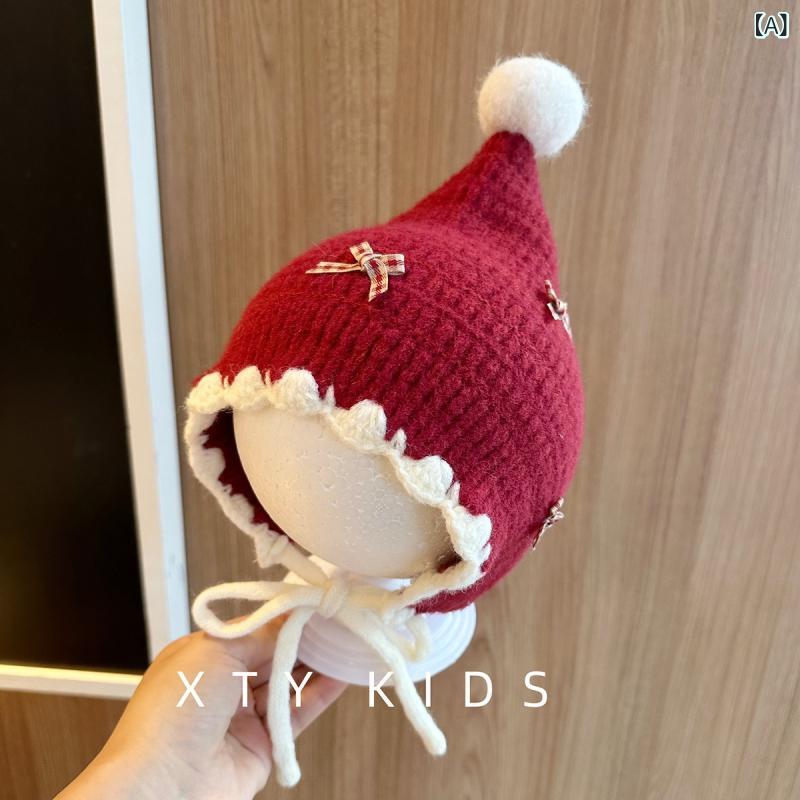 帽子 ベビー 冬 ニット帽 厚手 あったか 防寒 リボン ポンポン とんがり帽 耳当て 新生児 乳児 かわい..