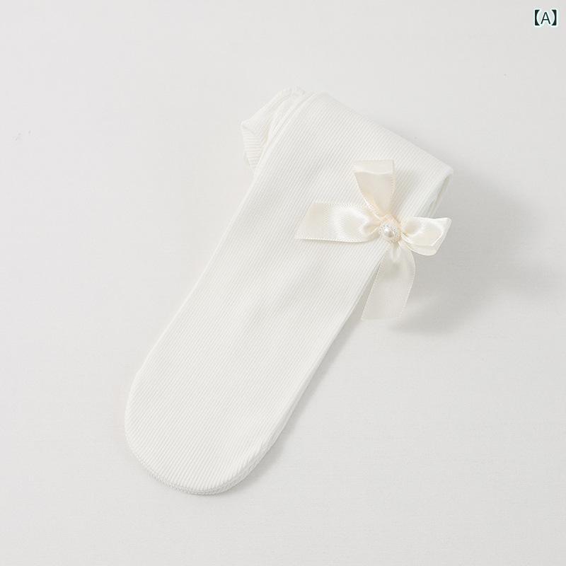 タイツ 女児 キッズ ジュニア 春秋 コーマ綿 コットン 上質素材 細ストライプ リボン 透湿 吸汗 普段使い 通園通学 やわらか