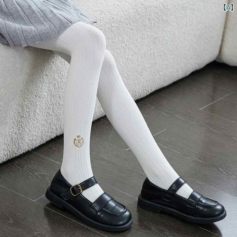 タイツ キッズ 女の子 ガールズ ジュニア 春秋 薄手 綿 吸汗 通気 太リブ ワッペン 無地 白 かわいい ..