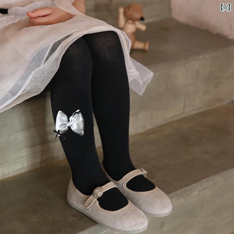 タイツ 女の子 キッズ 子供 春秋 薄手 コーマ綿 コットン 韓国風 おしゃれ かわいい キラキラ シルバー..