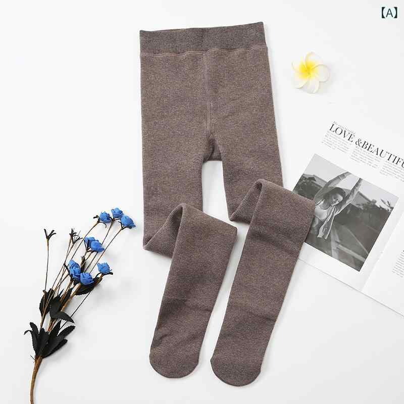 レギンス キッズ 女の子 秋冬 韓国風 裏起毛 厚手 綿 コットン 細リブ リブ編み オートミール色 ベージ..