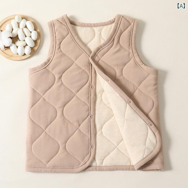 ベスト 子供 ベビー キッズ 男の子 女の子 ジュニア 厚手 裏起毛 保温 防寒 あったか 中綿 ポリエステル フリース 無地 シンプル ボタン開閉 インナー アウター 重ね着 秋冬 カーキ ピンク パープル グレー ブラック