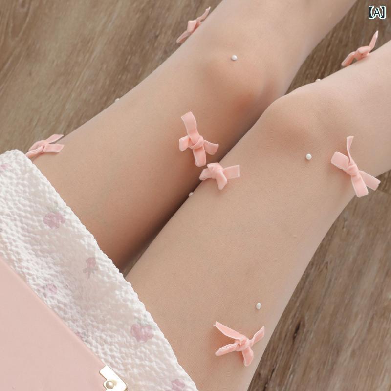 ストッキング レディース ロリータ ロリィタ パール ベルベット ピンク リボン ミルクホワイト オフホワイト フリーカット 伸縮性 薄手 シアー 透け感 ナイロン 個性的 甘め フェミニン 純粋 魅惑的 春夏 パンスト タイツ