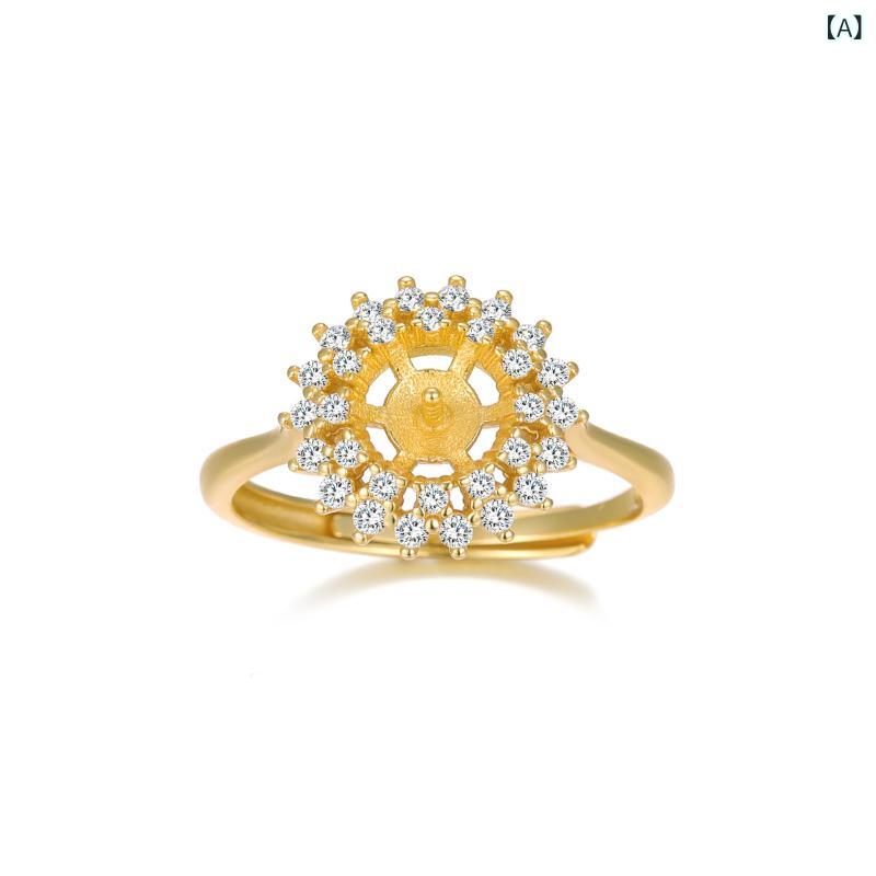 指輪 レディース S925純銀製 マイクロパヴェ ひまわり パール オープンリング フリーサイズ クール エ..