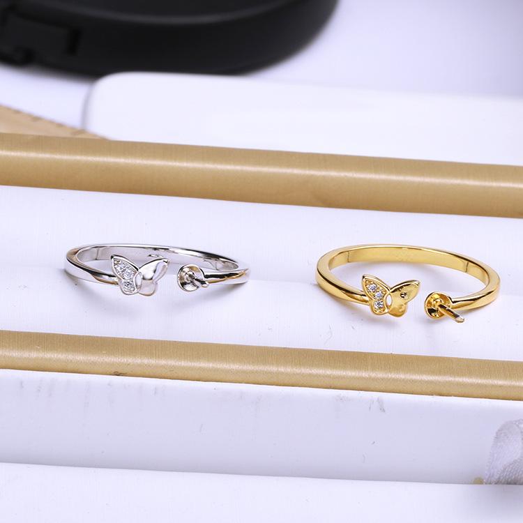 指輪 女性用 DIY ハンドメイド S925純銀 シルバー925 パール パール リングパーツ 台座 空枠 小さな蝶 バタフライモチーフ 扁平真円パール用 おしゃれ かわいい オリジナル作成 ゴールド シルバー