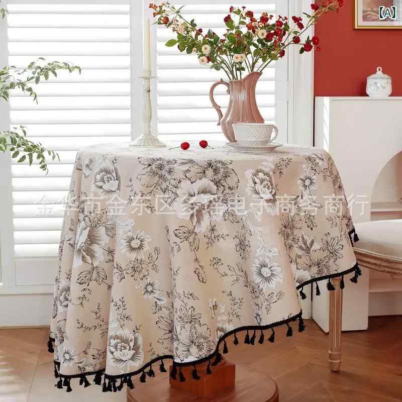 テーブルクロス 牡丹 タッセル レトロ 綿麻 高級感 厚手 防塵 フレンチスタイル チャイニーズスタイル ..