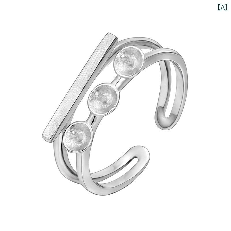 指輪 女性用 パール 925シルバー オープンリング 高級感 個性的 サイズ調整可能 ブラッシュド加工 幾何..