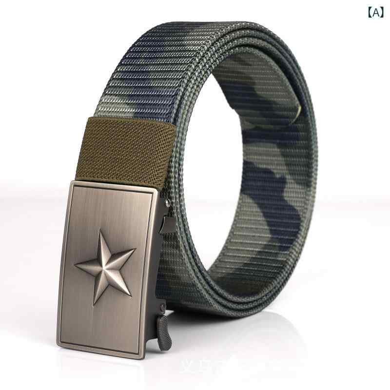 ベルト 男性用 ナイロン 厚手 編み込み 合金製 自動バックル 電気メッキ加工 スターデザイン タクティカル カジュアル 普段使い アウトドア スポーツ サイズ調整可能 高耐久