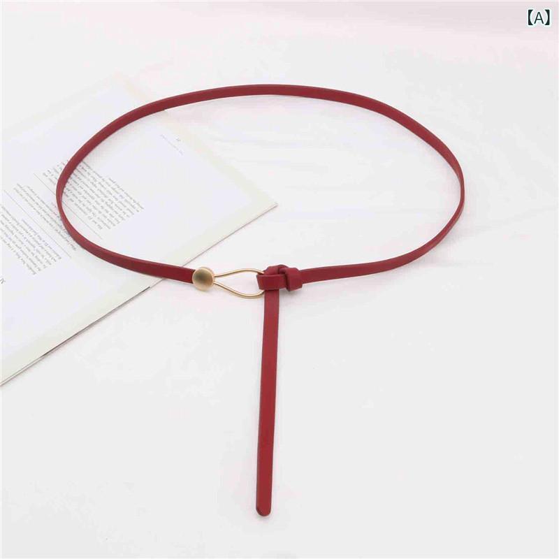 ベルト レディース 女性用 細身 フェイクレザー ウエストマーク ブラック ブラウン コーヒー色 黒 茶色 濃色 おしゃれ きれいめ ピンバックル 結び目デザイン スタイルアップ 細見え ワンピース ドレス ニット セーター カジュアル オフィス 通勤