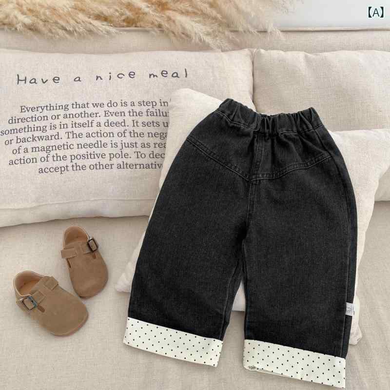 デニムパンツ 女の子 ベビー キッズ 切り替え ドット柄 ストレートワイドパンツ 綿 コットン ゆったり ..
