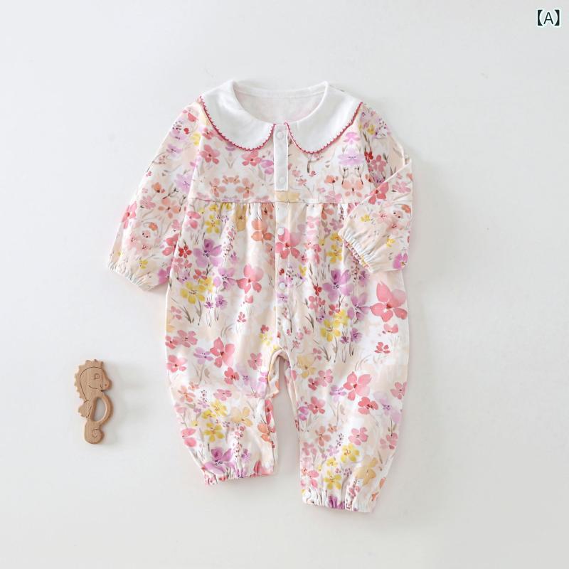 ロンパース 女の子 ベビー 新生児 幼児 春秋 長袖 フリル襟 綿100% コットン 前開き 縫い目なし かわい..