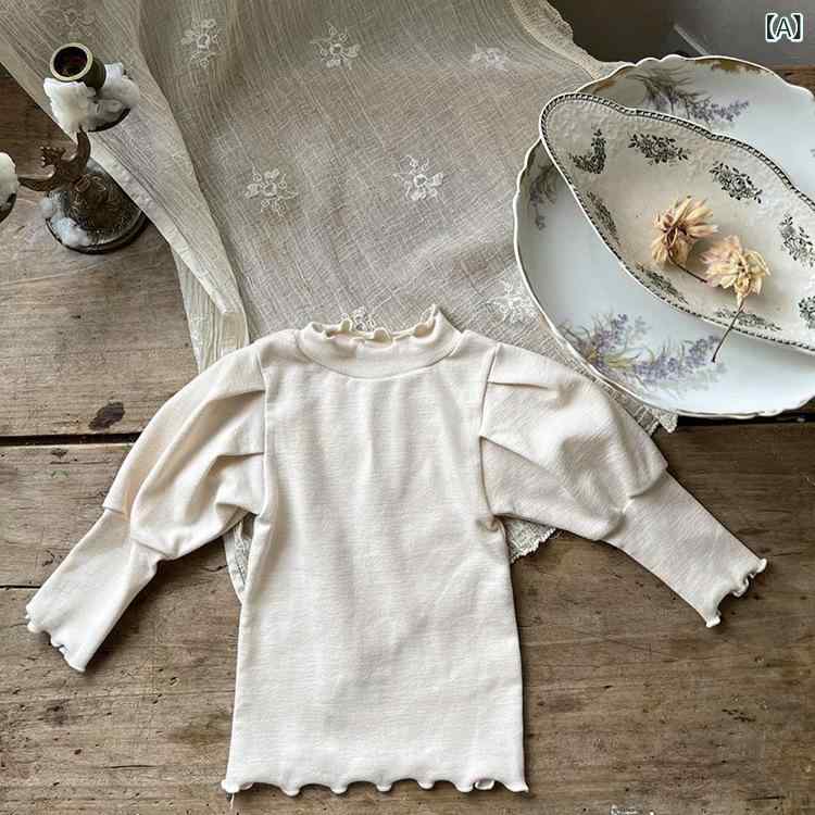 Tシャツ 女の子 ベビー ミドルネック フリル パフスリーブ 長袖 コットン 吸湿速乾 柔らかい肌触り 秋物 カットソー インナー 普段着 ベージュ ブラック