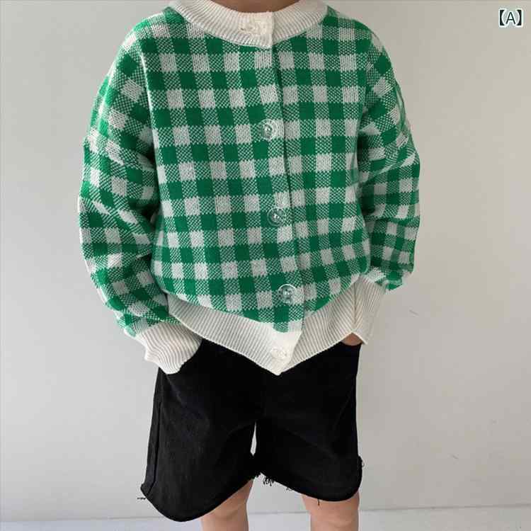 アウター キッズ 男女兼用 男の子 女の子 秋冬 韓国風 カジュアル チェック柄 リブ襟 丸襟 ボタン 長袖 ショート丈 ジャケット カーディガン ソフトタッチ グリーン ホワイト 化繊混紡