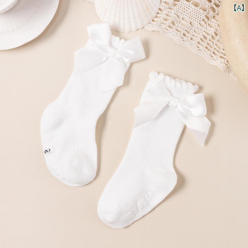 ソックス ベビー キッズ 男の子 女の子 男女兼用 リボン フリル口 メロウフリル 滑り止め 無地 薄手 通気性 縫い目なし ポリエステル ストレッチ ミドル丈 ロング丈 白 黒 グレー ピンク レッド 通年 普段使い