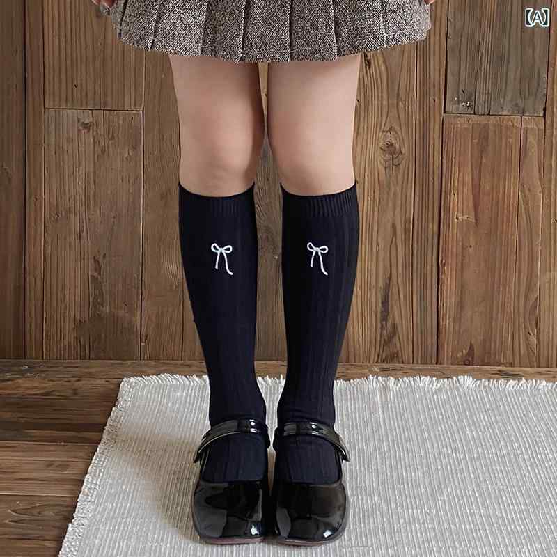 靴下 女の子 キッズ 春秋 刺繍 リボン 韓国風 ロリータ プリンセス ミドル丈 ルーズ 精紡綿 綿素材 吸湿速乾 快適 肌に優しい 無縫製 カジュアル 普段使い ソックス