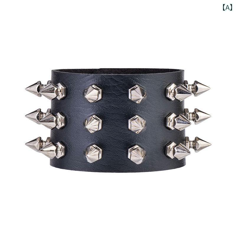 ブレスレット レディース パンク ロック スタッズ 3連 コーンスタッズ PUレザー バングル 大ぶり 存在..