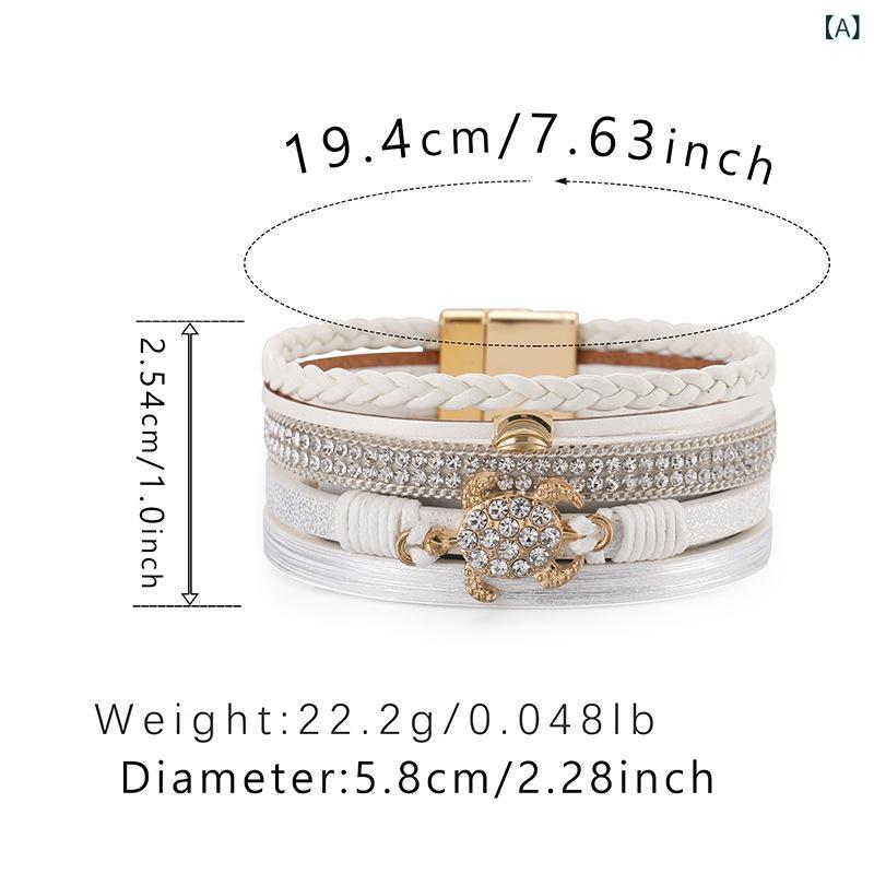 ブレスレット レディース 亀モチーフ レトロ ヴィンテージ ラインストーン パヴェ クリスタル ハンドメイド 手編み レザー 合皮 PUレザー 多層 重ね付け 普段使い カジュアル きれいめ おしゃれ 大人かわいい ギフト プレゼント