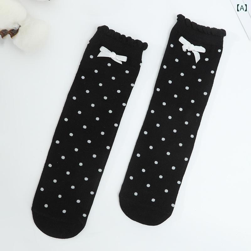 ソックス 女の子用 キッズ 白 水玉 ドット リボン 蝶結び ミドル丈 くしゅくしゅ ルーズソックス コットン 綿 かわいい 上品 オールシーズン 通気性 吸湿速乾 薄手 ごろつきにくい