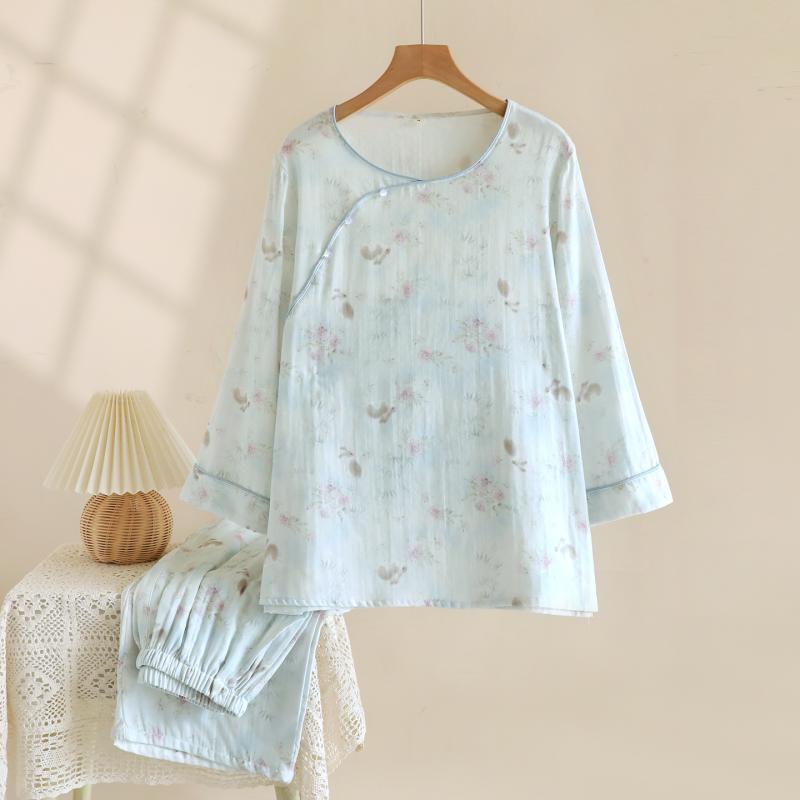 ルームウェア レディース パジャマ ワンピース モダンチャイナ風 ダブルガーゼ 綿 コットン 薄手 春夏 ミドル丈 ラウンドネック 長袖 快適 通気性 部屋着 涼しい ワンマイルウェア ライトブルー うさぎ柄