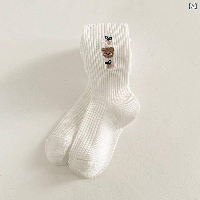 タイツ キッズ 女の子 ベビー 子供 春秋 綿 コットン 上質綿 コーマ綿 刺繍 クマ柄 キャラクター 縫い目なし 肌に優しい 通気性 吸湿速乾 普段使い 通園 レッグウェア