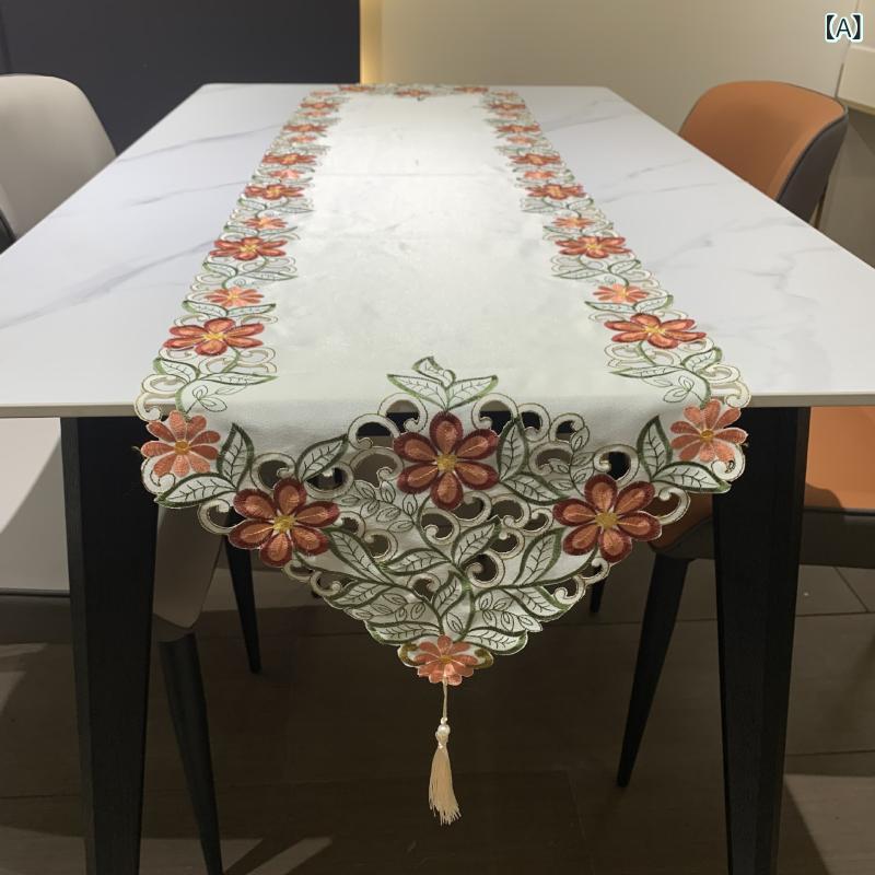 Table Runners - テーブルランナー ヨーロピアン 田園風 刺繍 透かし彫り 花柄 長方形 ファブリック ポリエステル ダイニングテーブル コーヒーテーブル テレビ台