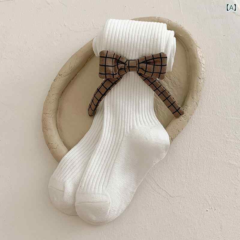 タイツ 女の子 春秋 コーマ綿 コットン 縦ストライプ 格子柄 リボンデザイン 毛玉防止 シームレス加工 ..