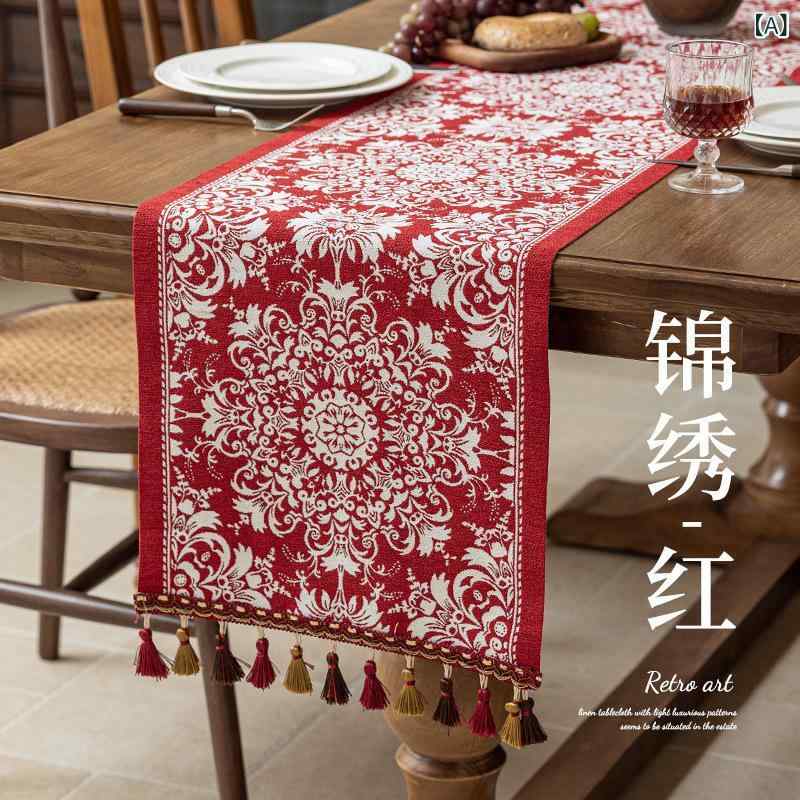 テーブルランナー レトロ クラシック カントリー調 ジャカード織り レッド 花柄 植物柄 ポリエステル製 食卓飾り サイドボード 飾り棚 ロング イベント お祝い パーティー 装飾布 テーブルセンター ティーランナー