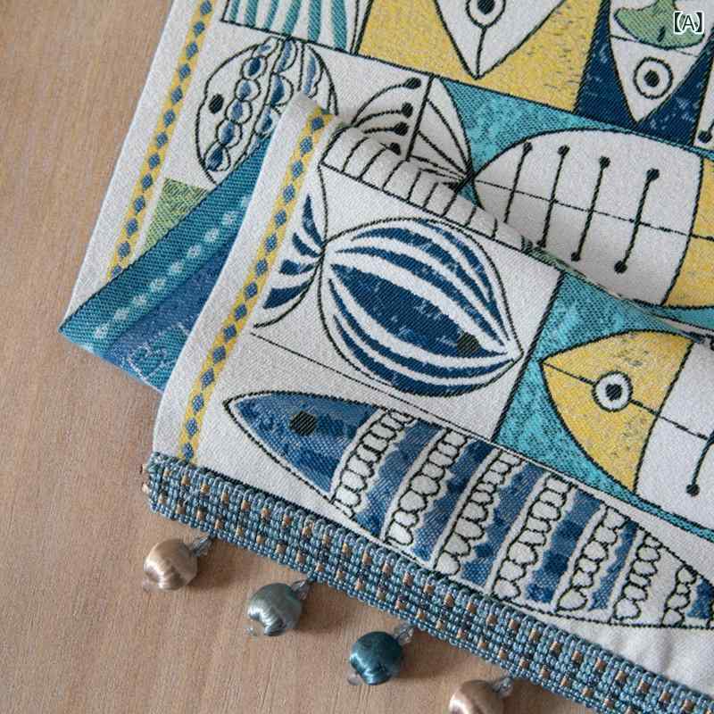 テーブルランナー グリーン 小魚柄 シェニール フリンジ ポリエステル 欧風 レトロ クラシカル 家庭用 多用途 おしゃれ インテリア テーブルクロス