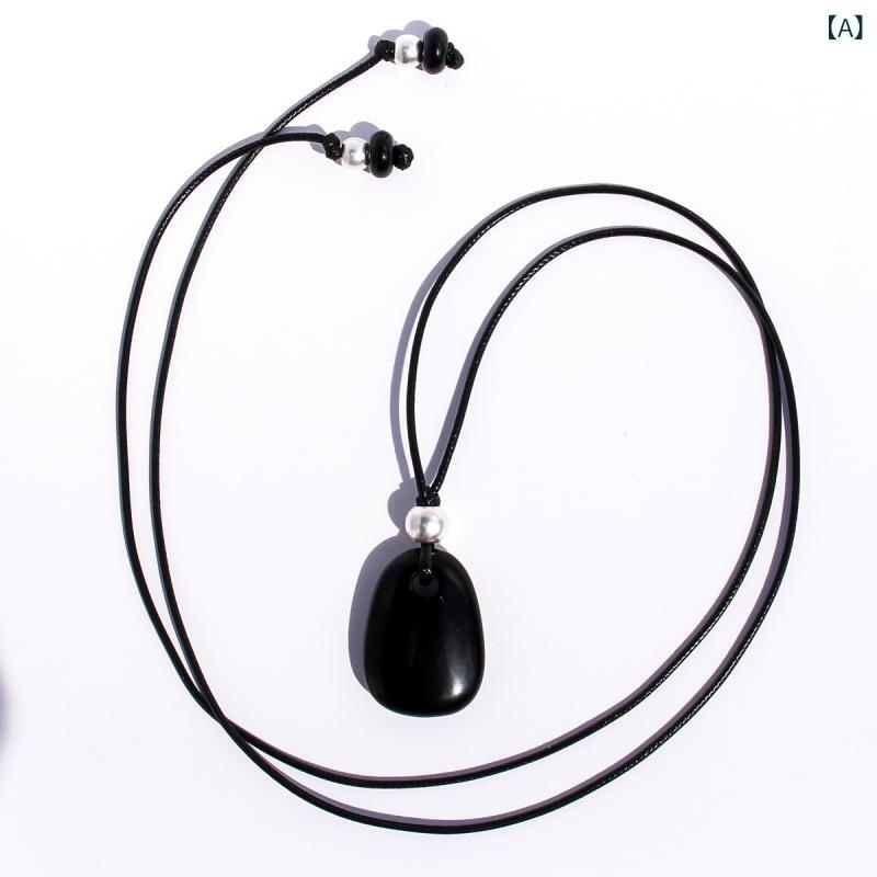 ネックレス 男女兼用 オリジナルデザイン 天然石 オブシディアン フローライト タイガーアイ 水滴 ペンダント 真鍮 レザーコード ロング 調節可能 セーターネックレス 上品 エレガント