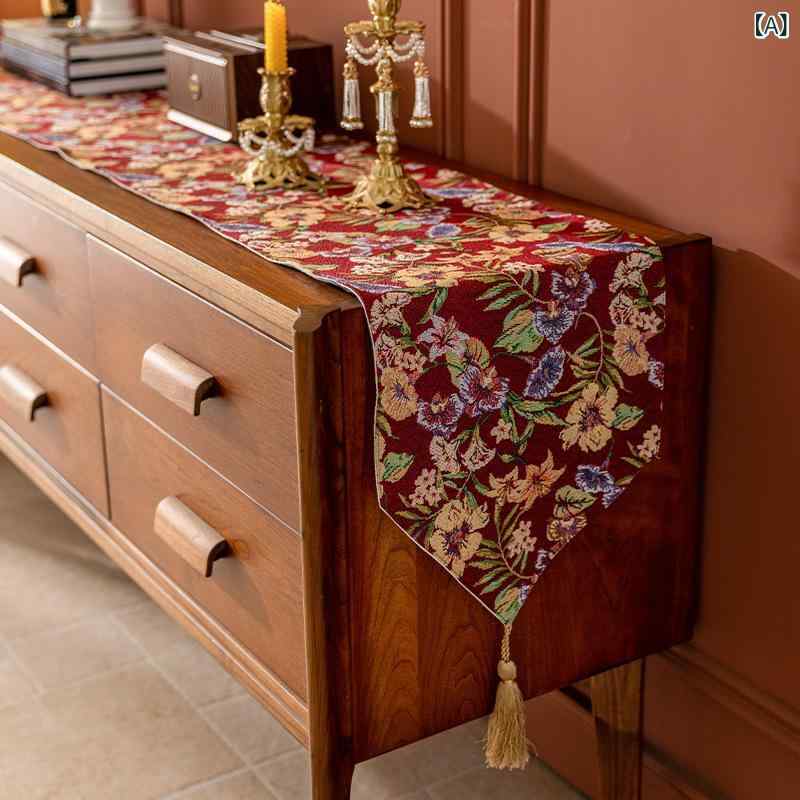 テーブルランナー モダン中華 クラシック 花柄 タッセル付き 家庭用 ポリエステル インテリア 装飾 リ..