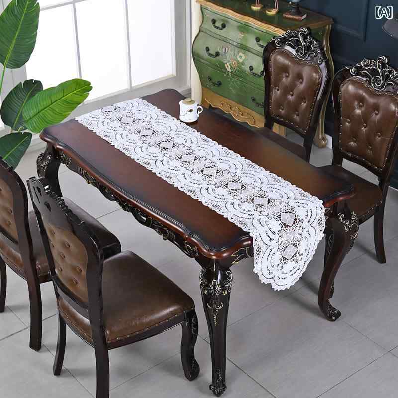 テーブルランナー ヨーロピアン レース ライトラグジュアリー 高級感 フレンチ アンティーク調 幾何学模様 ポリエステル 長方形 ロング テレビ台 チェスト シューズラック カバー リビング ダイニング ホワイト ローズゴールド