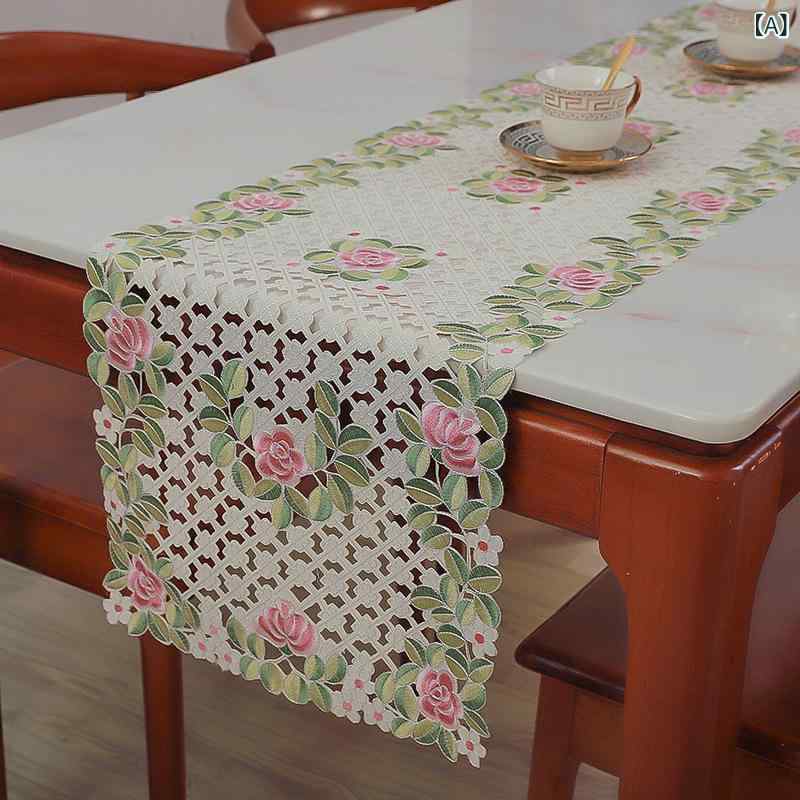 テーブルランナー 北欧風 高級感 上品 エレガント 透かし模様 刺繍 ポリエステル ファブリック ティーテーブル ダイニング テレビボード シューズラック リビング 玄関 防塵カバー ダストカバー マルチカバー グリーン グレー 緑色 灰色