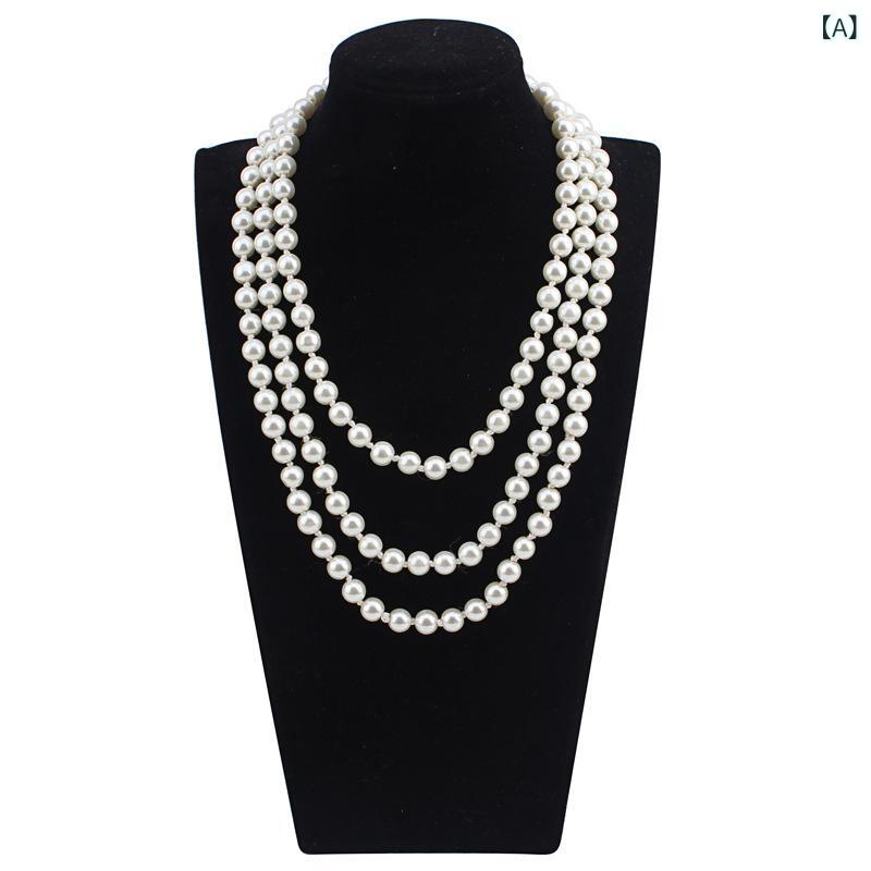 ネックレス レディース 韓国風 シンプル パール 樹脂 ロング 鎖骨 チョーカー 多層 ラウンドチェーン 重ね付け カジュアル フォーマル デイリー 万能 ホワイト
