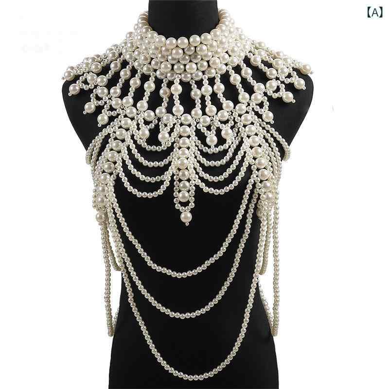 ネックレス レディース ハンドメイド ロング 多層 パール フリンジ タッセル ボディチェーン ショルダーチェーン 大ぶり 個性的 華やか 春夏 欧米風 樹脂製 フェイクパールアクセサリー