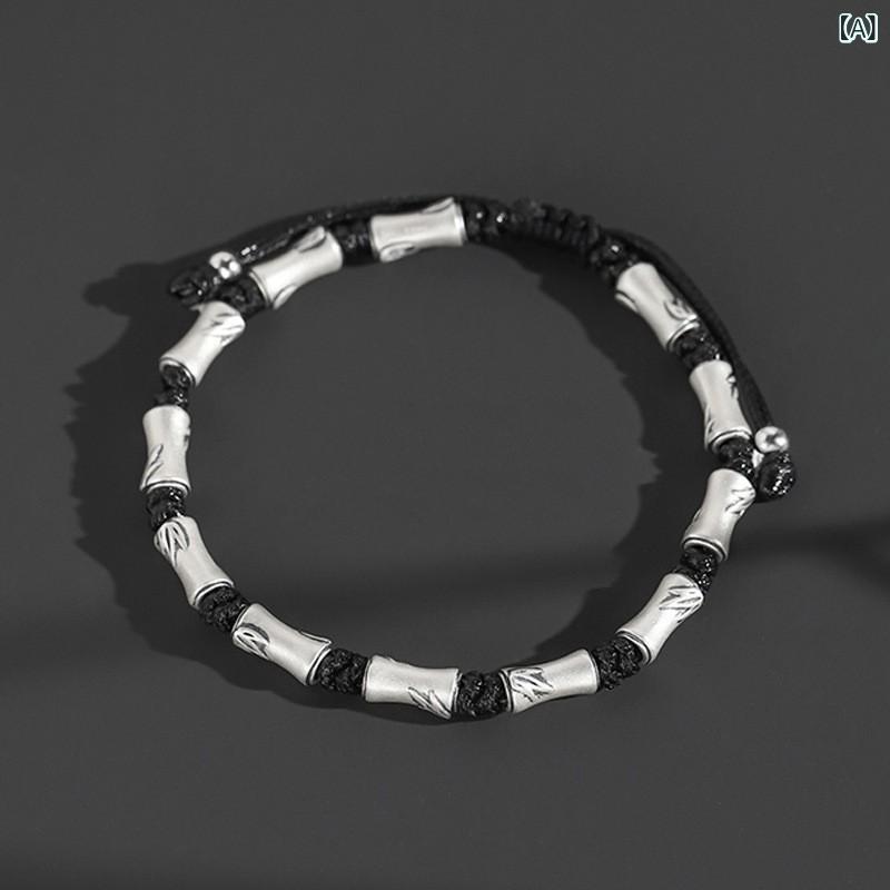 ブレスレット メンズ 男性用 竹モチーフ シルバーメッキ 新中華風 レトロ モダン シンプル コードブレ..