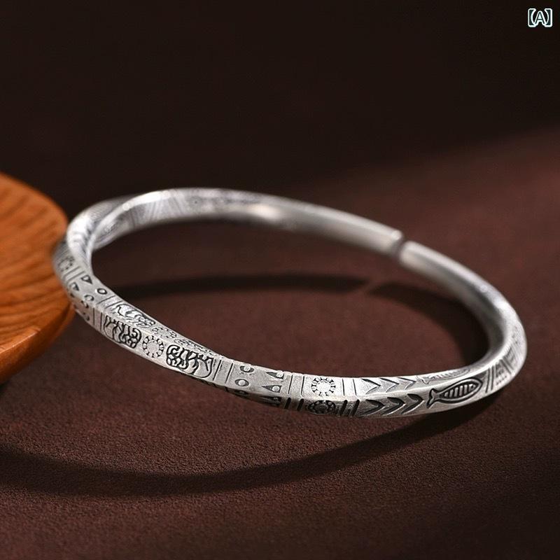 ブレスレット シルバーメッキ 吉祥柄 エスニック 民族調 レトロ アンティーク調 手作り オープンバングル ソリッド シンプル 個性的 ユニセックス