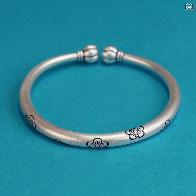 ブレスレット レディース バングル 女性用 シルバーメッキ 伝統的古風 カボチャ梅花デザイン エスニック調 マット加工 アンティーク調 オープンタイプ 普段使い カジュアル