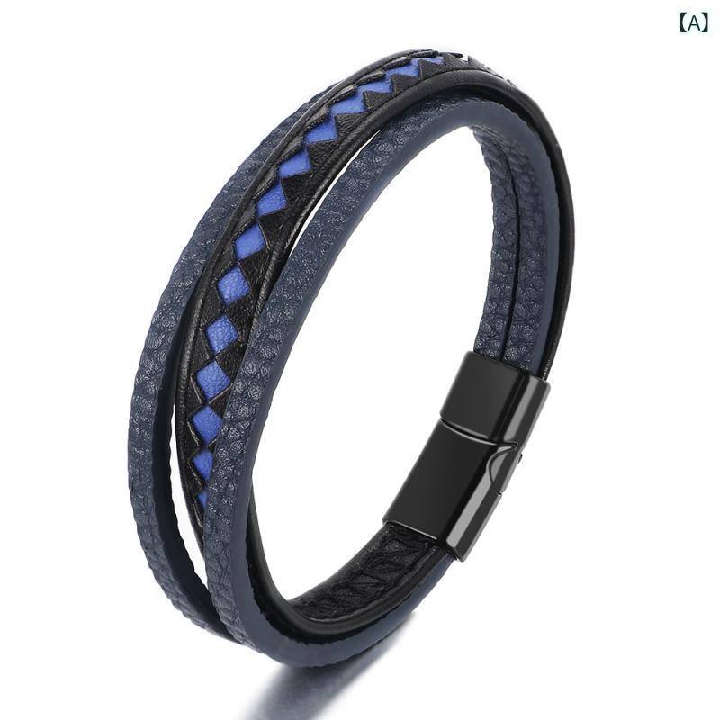 ブレスレット メンズ 男性用 欧米スタイル マルチカラー 多層 レイヤード 編み込み レザー 皮革 腕輪 ..