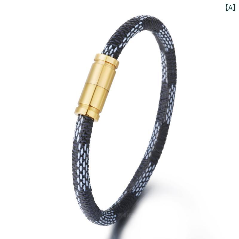 ブレスレット 男女兼用 ペア カップル 牛革 本革 ストライプ ボーダー ステンレス マグネットクラスプ ..