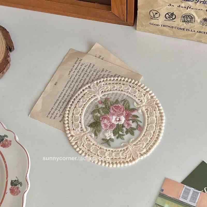 ランチョンマット コースター フレンチレトロ 刺繍 レース かわいい おしゃれ 北欧風 高見え PVC 円形 ..
