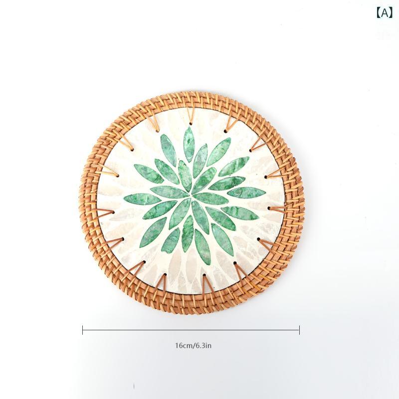 コースター ハンドメイド 東南アジア 天然貝殻 マザーオブパール 木製 藤編み ラタン 断熱マット 鍋敷き 上質 おしゃれ テーブルウェア 花柄 魚柄 カラフル インテリア雑貨