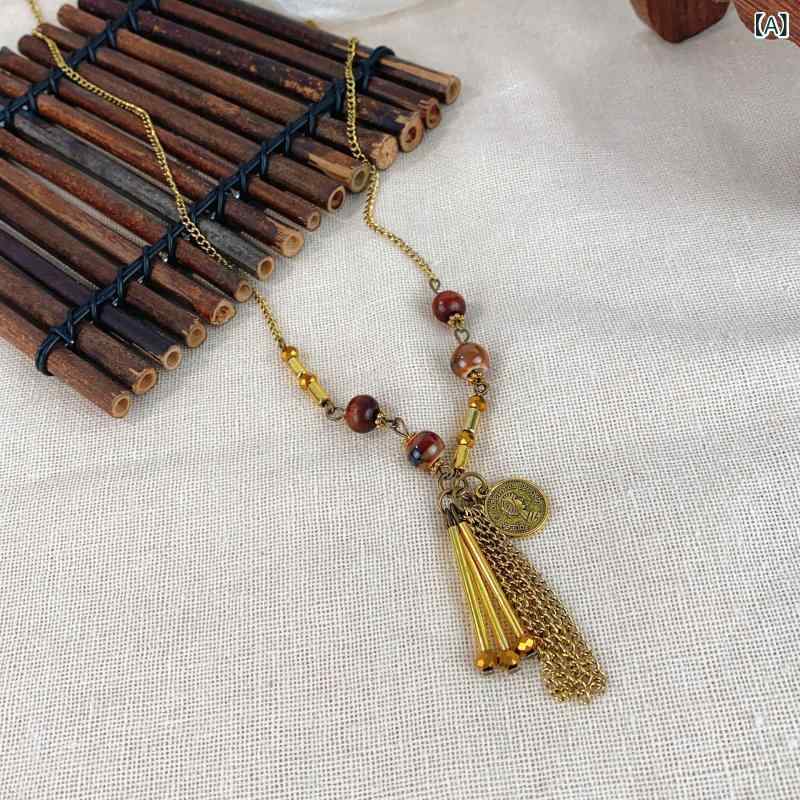 ネックレス レディース ボヘミアン レトロ コイン フリンジ ビーズ エスニック 民族調 新中華風 アンティーク調 ロング 重ね付け 貝殻 砕石 樹脂 カジュアル(4)