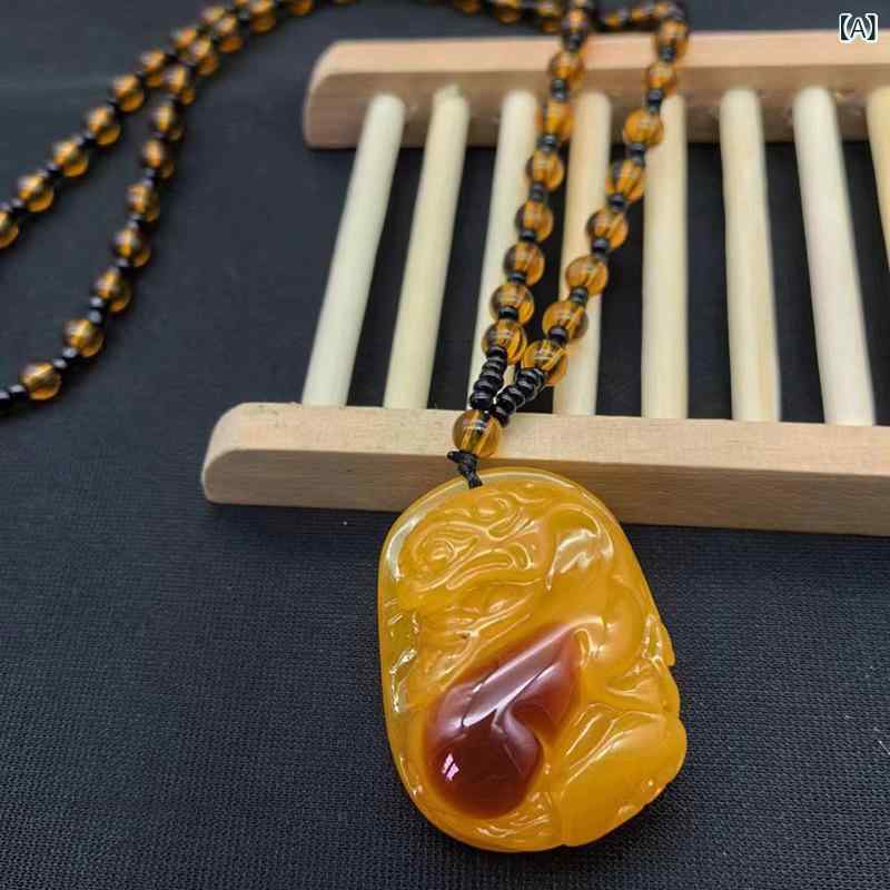 ネックレス 男女兼用 貔貅 ロングペンダント セーターネックレス 琥珀調 樹脂 レジン製 黄色 開運 金運招来 お守り 魔除け 厄除け 招福 普段使い ギフト プレゼント 記念品 旅行記念 円珠チェーン