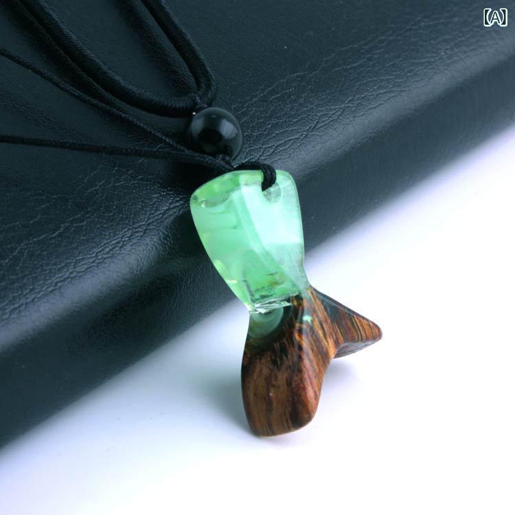 Mandarin - ネックレス ユニセックス ロング セーター ペンダント 木製 レジン ハンドメイド 時のレジン ウェーブ ボールチェーン グリーン ブルー ファッション アクセサリー 手作り