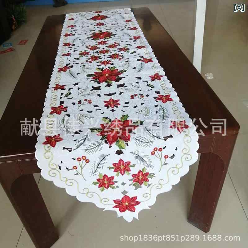 テーブルランナー クリスマス 北欧スタイル アップリケ 刺繍 花柄 リーフ柄 長方形 ポリエステル素材 ..