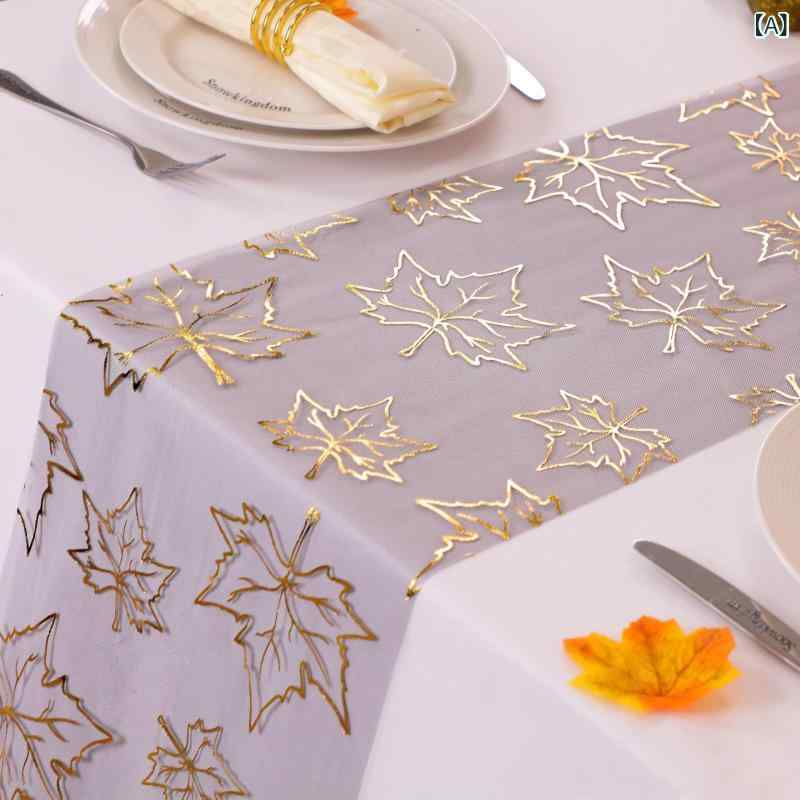 テーブルランナー 北欧風 透かし彫り 箔押し 秋 リーフ柄 高級感 ゴールド 金色 ポリエステル繊維 強化..