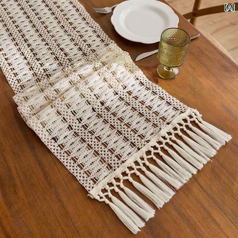 テーブルランナー 北欧風 軽やか 高級感 天然素材 綿麻 コットンリネン 切り替え 透かし編み オープン..