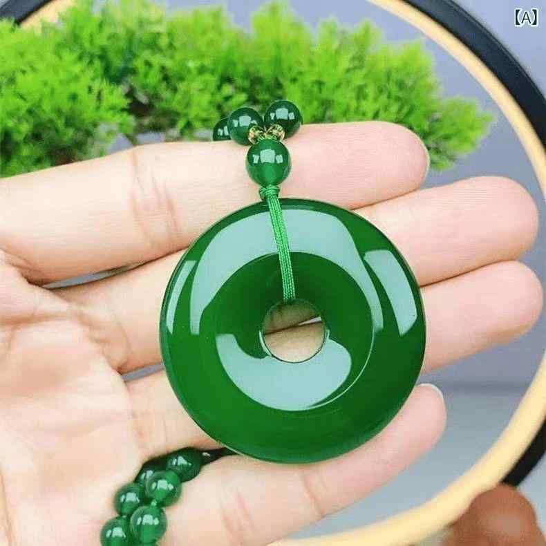 ネックレス レディース 女性用 高級感 エメラルドグリーン 翡翠 カルセドニー 平安モチーフ 円形 大ぶり ロングペンダント セーターチェーン 合金 電気メッキ エスニック レトロ