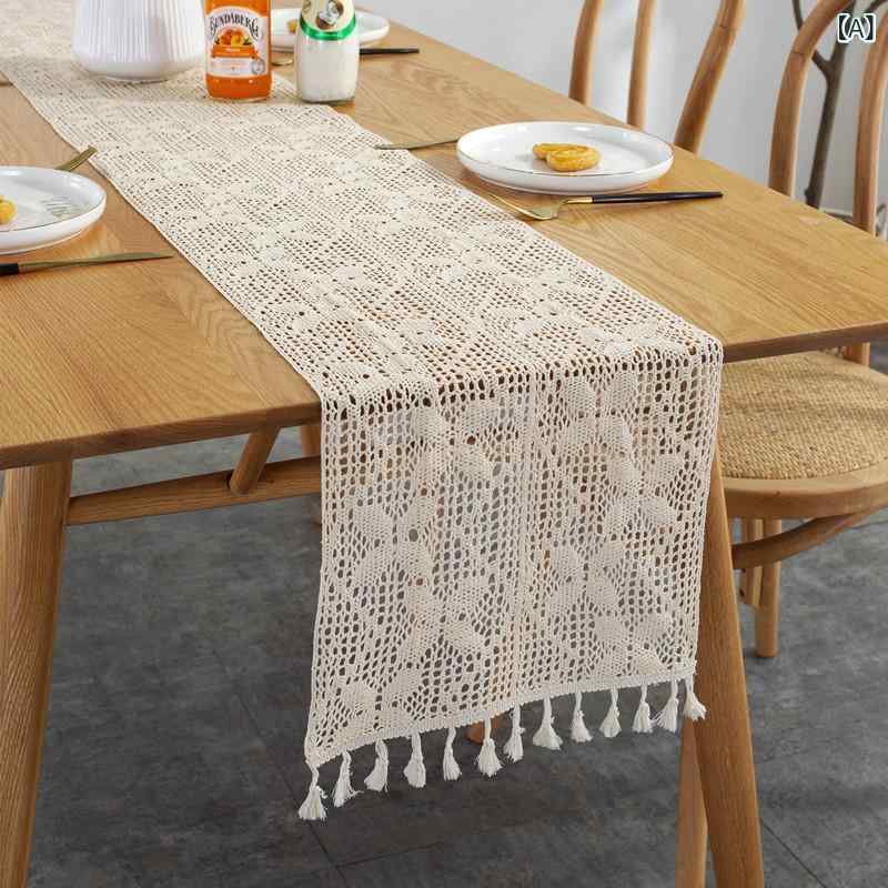テーブルランナー ヨーロピアン カントリー調 シンプル 無地 手編み 透かし編み タッセル付き 家庭用 コットン 長方形 インテリア 飾り