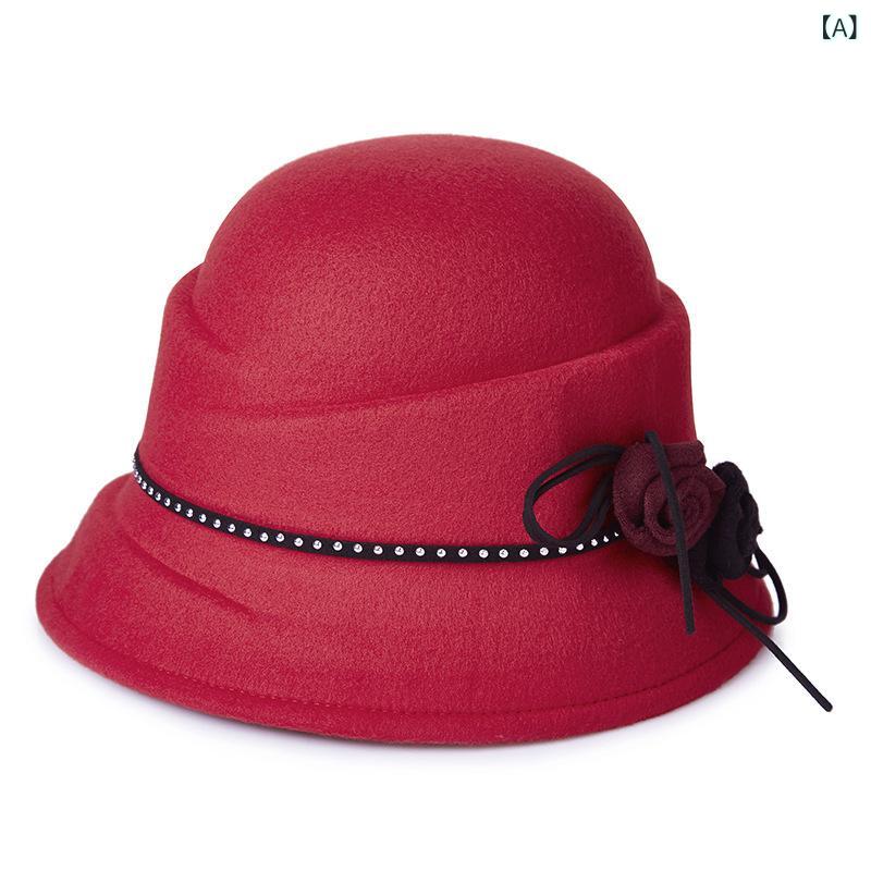 帽子 レディース 女性用 秋冬 韓国風 ウール フェルト 変形デザイン ラインストーン ジルコニア装飾 エレガント 上品 防寒 保温 暖かい ラウンドトップ つば広 フェルトハット(4)